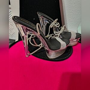 Chase + Chloe Metallic Silver Heels Rhinestone ankle Straps Platforms